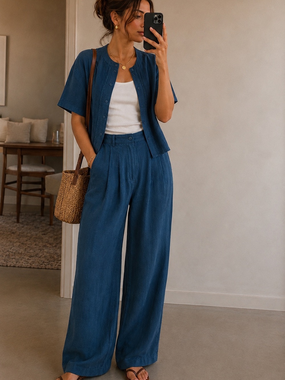 Liz Claiborne Vintage 90s Y2K Teal Short-Sleeve Button Front Shirt and Pants set